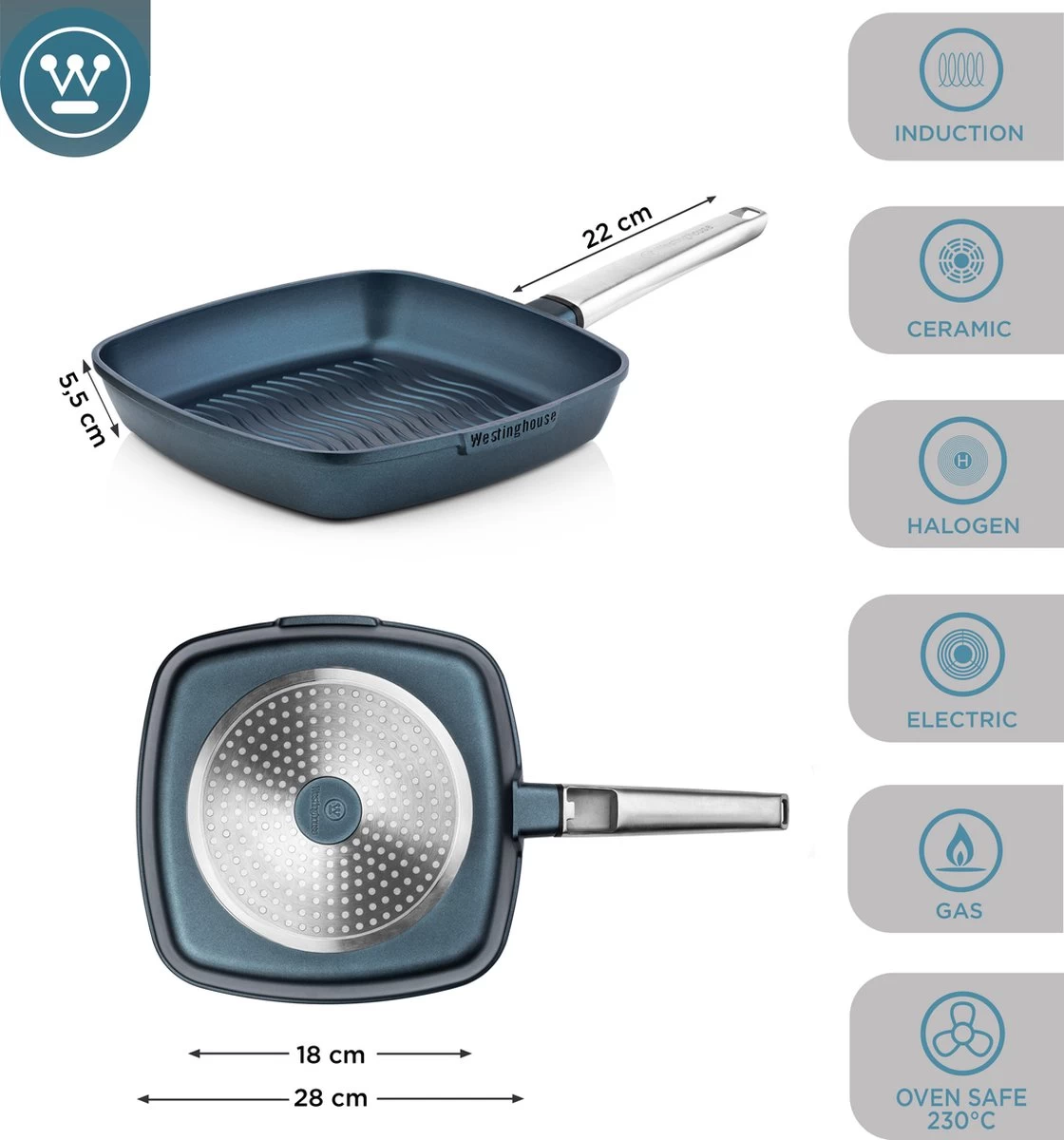 Westinghouse Performance Series - Grillpan Inductie 28cm - Luxe Grillpan - Blauw - Steakpan - Geschikt Voor Alle Warmtebronnen Inclusief Inductie En Ovenbestendig 5 Westinghouse Performance Series - Grillpan Inductie 28cm - Luxe Grillpan - Blauw - Steakpan - Geschikt Voor Alle Warmtebronnen Inclusief Inductie En Ovenbestendig - Afbeelding 5