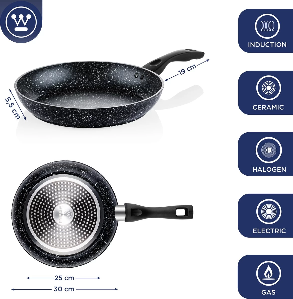 Westinghouse Koekenpan - Ø 30 Cm - Zwart Marmer - Geschikt Voor Alle Warmtebronnen Inclusief Inductie 2 Westinghouse Koekenpan - Ø 30 Cm - Zwart Marmer - Geschikt Voor Alle Warmtebronnen Inclusief Inductie - Afbeelding 2