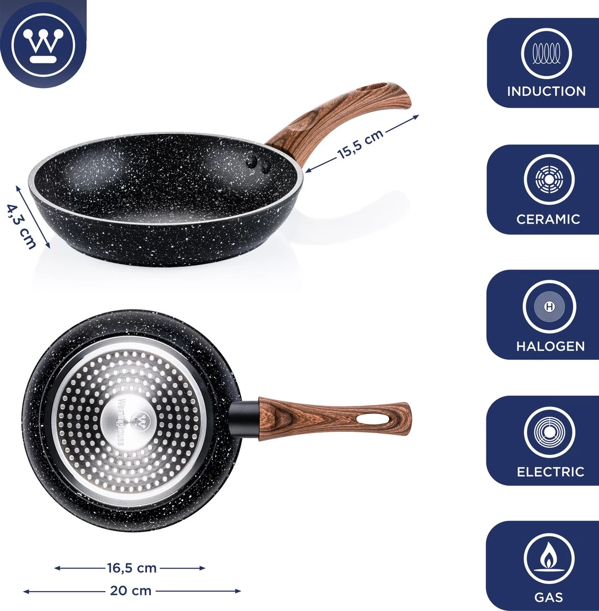 Westinghouse Koekenpan Inductie - Ø 20 Cm - Zwart Marmer - Speciale Editie 2 Westinghouse Koekenpan Inductie - Ø 20 Cm - Zwart Marmer - Speciale Editie - Afbeelding 2