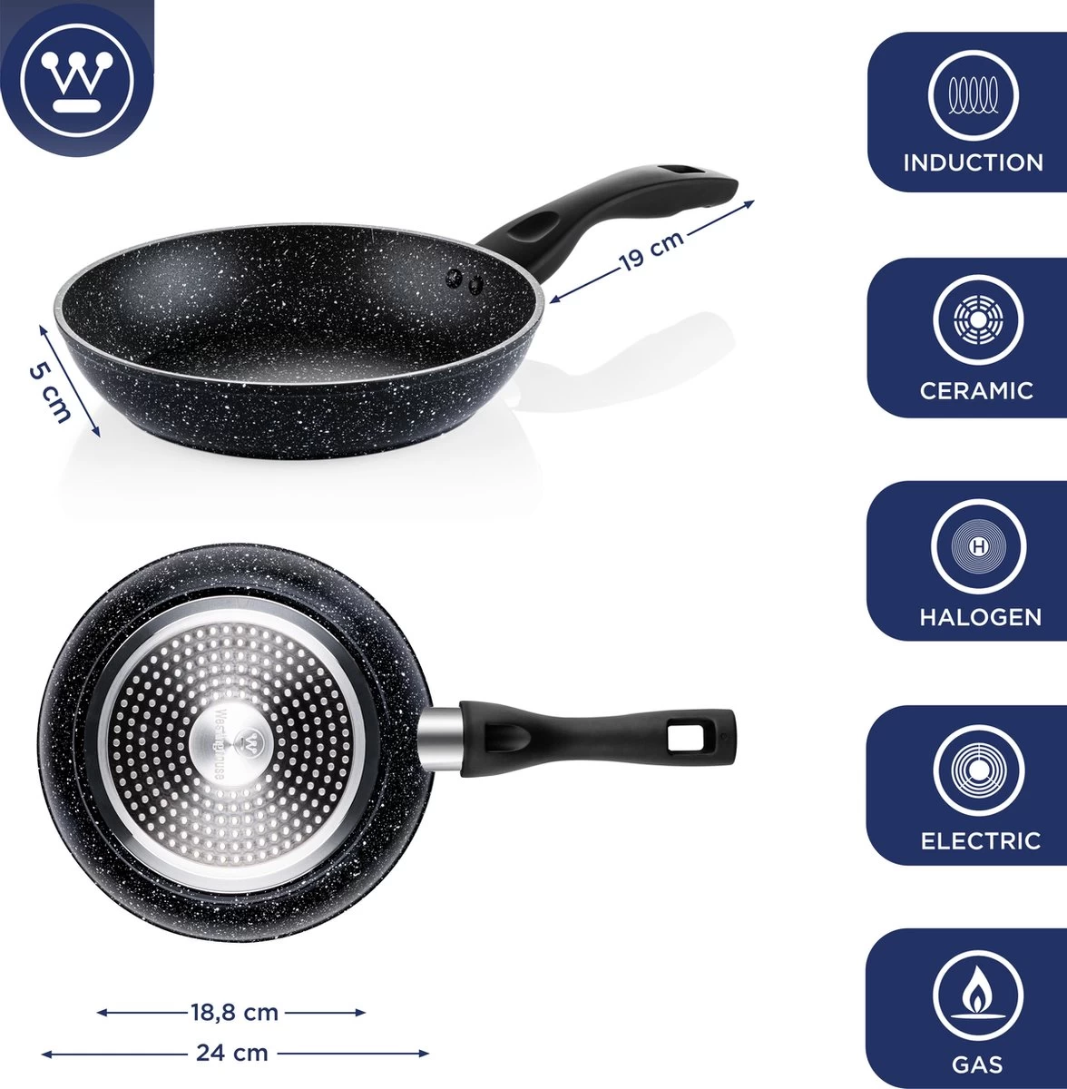 Westinghouse Koekenpan Inductie - Ø 24 Cm - Zwart Marmer - Geschikt Voor Alle Warmtebronnen 2 Westinghouse Koekenpan Inductie - Ø 24 Cm - Zwart Marmer - Geschikt Voor Alle Warmtebronnen - Afbeelding 2