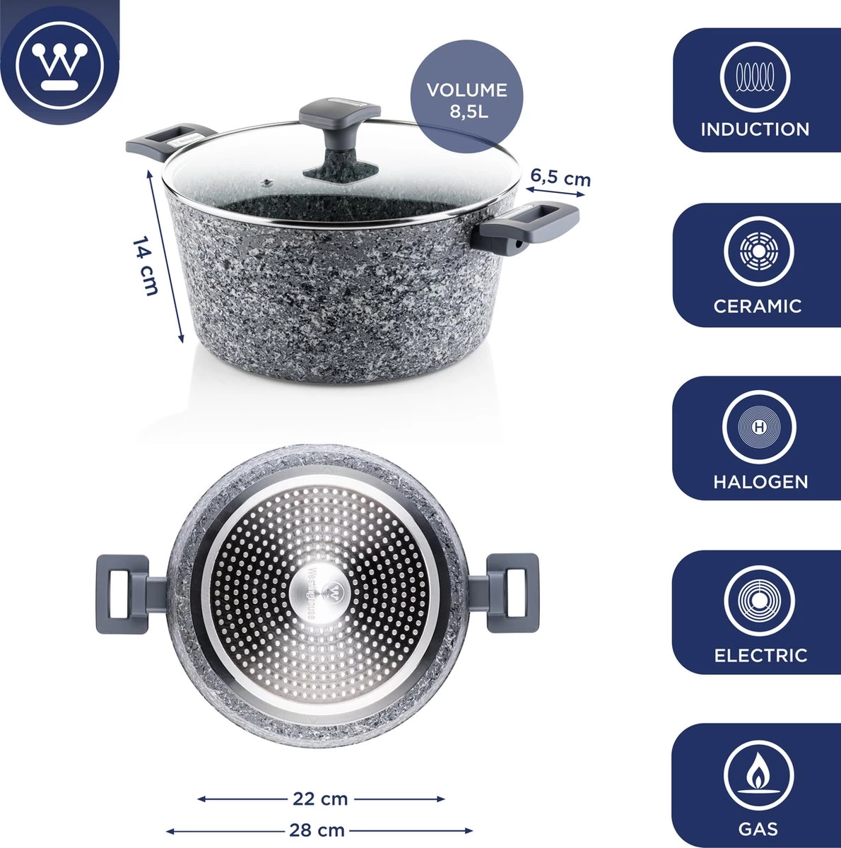 Westinghouse Kookpan/Braadpan Inductie - Ø 28 Cm - Grijs Graniet - Met Deksel - PFOA Vrij 2 Westinghouse Kookpan/Braadpan Inductie - Ø 28 Cm - Grijs Graniet - Met Deksel - PFOA Vrij - Afbeelding 2