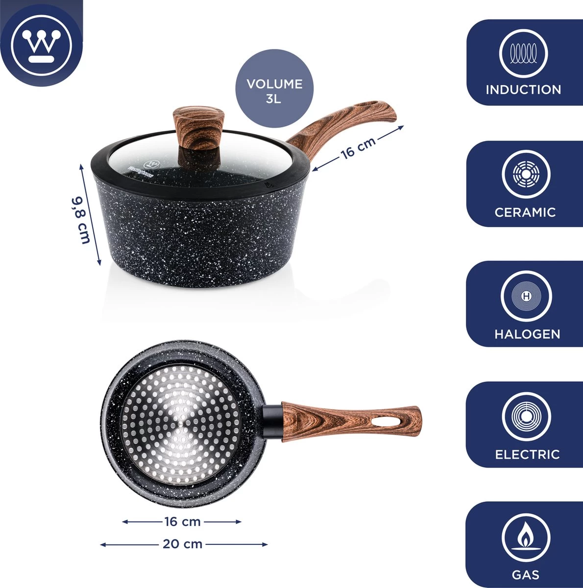 Westinghouse Steelpan Inductie - Ø 20 Cm - Zwart Marmer - Speciale Editie 2 Westinghouse Steelpan Inductie - Ø 20 Cm - Zwart Marmer - Speciale Editie - Afbeelding 2