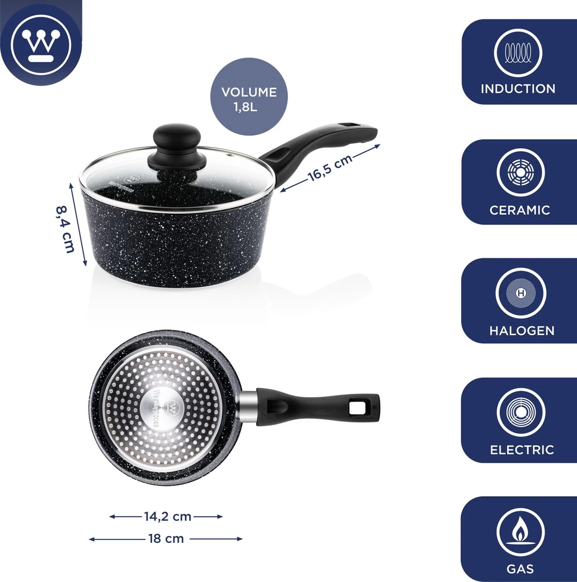 Westinghouse Steelpan Inductie - Ø 18 Cm - Zwart Marmer - Met Deksel - Sauspan 4 Westinghouse Steelpan Inductie - Ø 18 Cm - Zwart Marmer - Met Deksel - Sauspan - Afbeelding 4