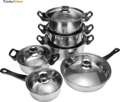 KitchenPrince 12-Delige Pannenset RVS - Pottenset - Kookpannen - Koekenpan - Steelpan - Bakpan - PFAS-Vrij - Pannenset - Pannenset Inductie - Antiaanbaklaag - Koekenpannenset