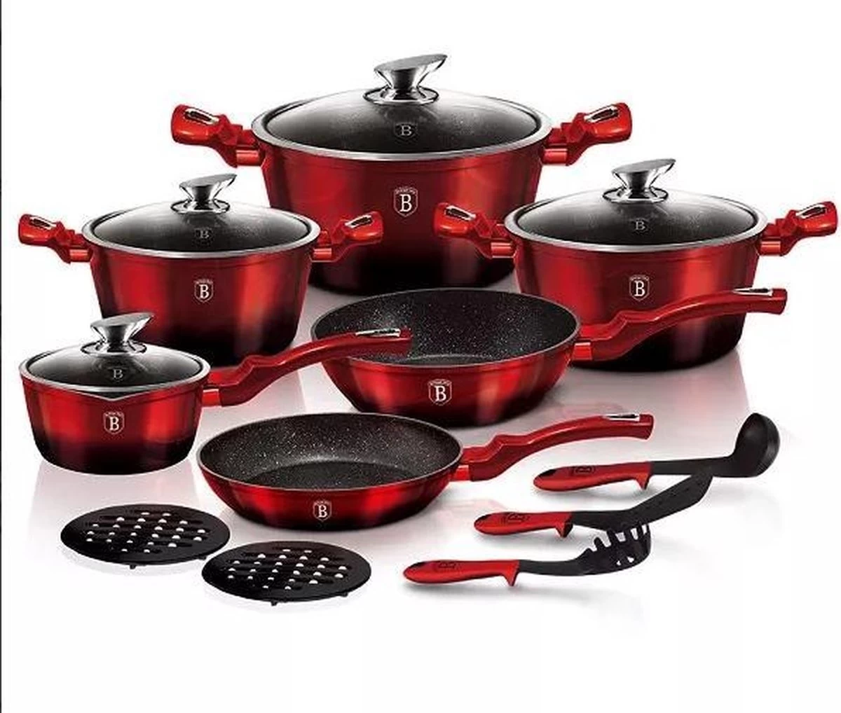 6-delige Balck Burgundy Pannen Set Bordeaux Rood Met Accessoires Ook Voor Inductie 1 6-delige Balck Burgundy Pannen Set Bordeaux Rood Met Accessoires Ook Voor Inductie