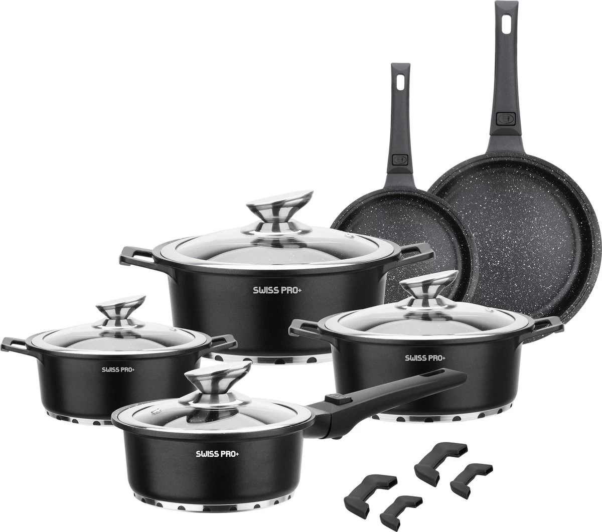 Swiss Pro+ | Set 14 Delige Pannenset | Inductie - Pannensets - Glazen Deksel - Met Afneembare Handgreep - Marmeren Interieur -PFAS-vrij | Black (Zwart) 2 Swiss Pro+ | Set 14 Delige Pannenset | Inductie - Pannensets - Glazen Deksel - Met Afneembare Handgreep - Marmeren Interieur -PFAS-vrij | Black (Zwart) - Afbeelding 2