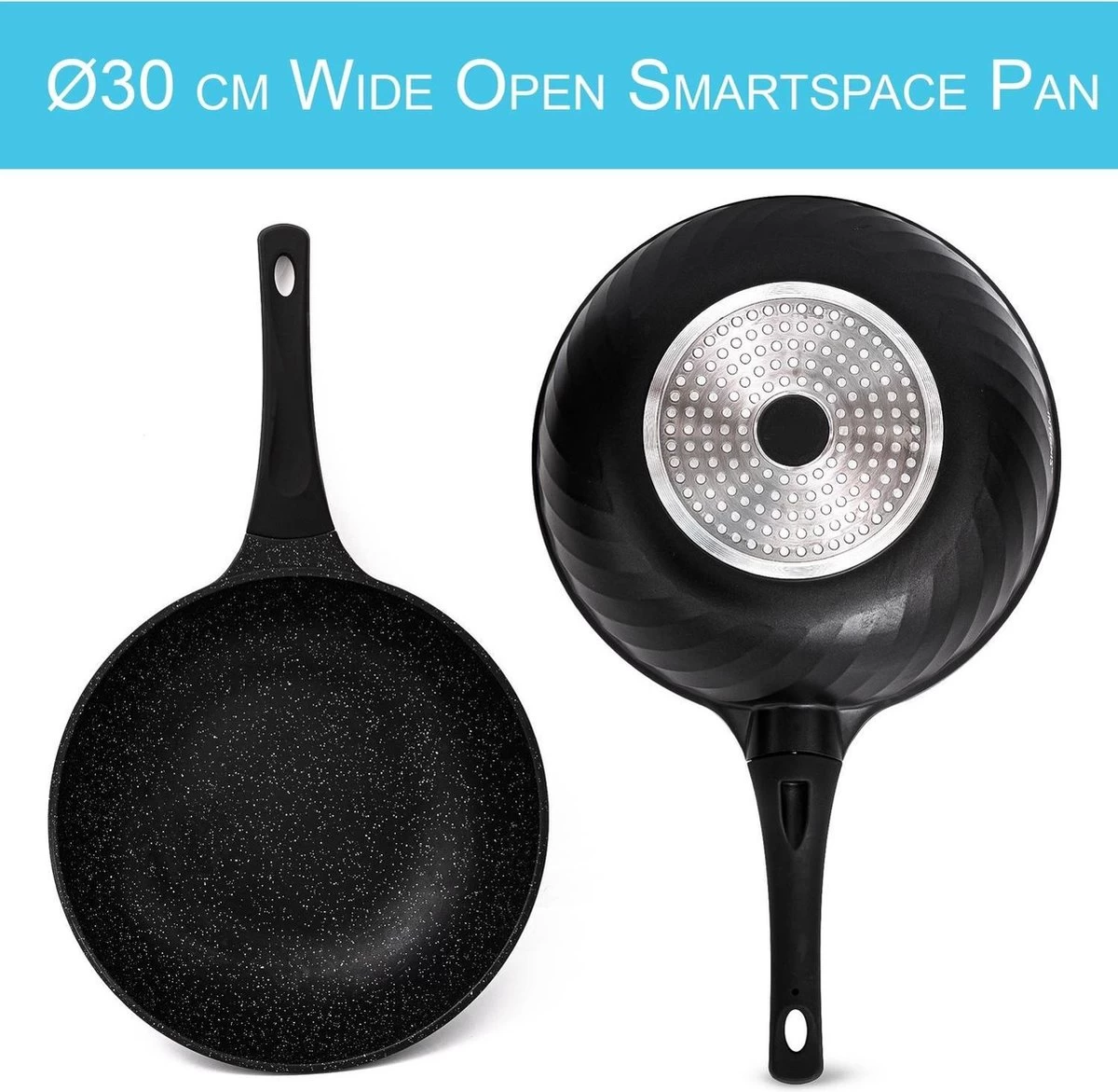 Marble Coating Wokpan Inductie - Met Glazen Deksel - Zwart - 30 Cm 2 Marble Coating Wokpan Inductie - Met Glazen Deksel - Zwart - 30 Cm - Afbeelding 2
