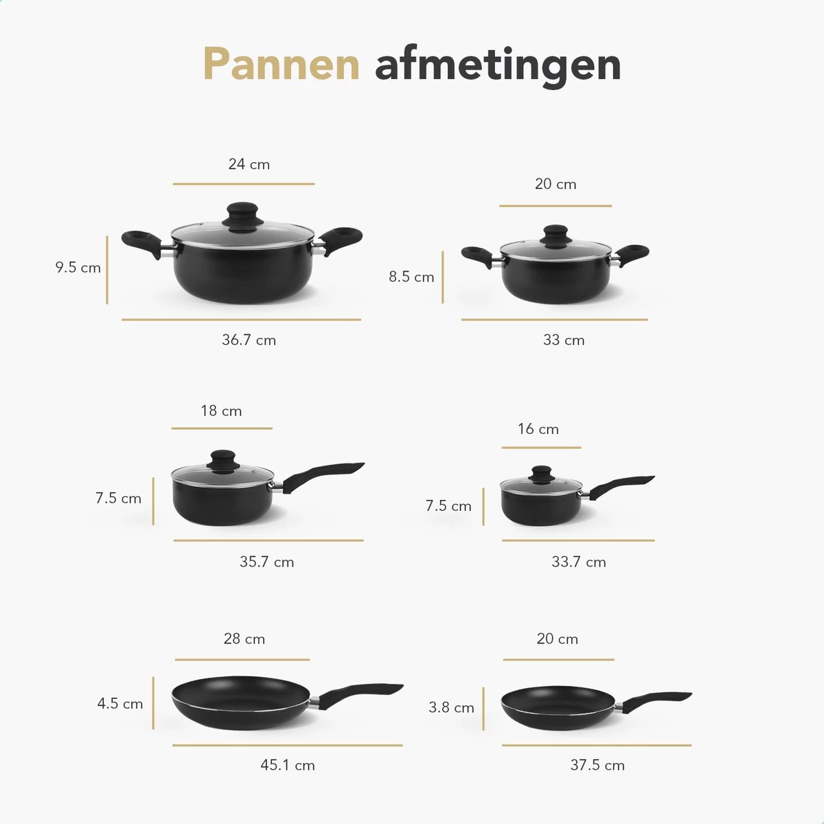 Rochester 18-delige Pannenset Met Deksels - Kookpotten - Koekenpannen Steelpannen - Aluminium - Zwart 12 Rochester 18-delige Pannenset Met Deksels - Kookpotten - Koekenpannen Steelpannen - Aluminium - Zwart - Afbeelding 12