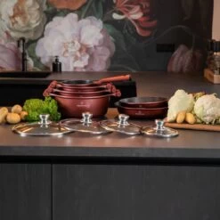 Herenthal Pannenset Inductie - Luxe 10-delige Koekenpan Inductie - Voor Alle Warmtebronnen - Pannen Met Glazen Deksels En Koudgrepen - Burgundy -Korting Op Keukengerei 1200x1200 120