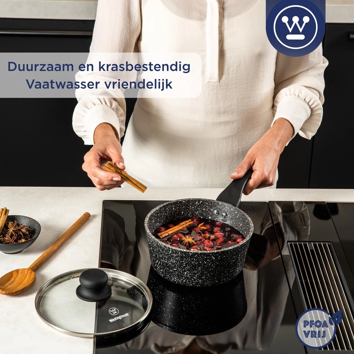 Westinghouse Steelpan Inductie - Ø 18 Cm - Zwart Marmer - Met Deksel - Sauspan 8 Westinghouse Steelpan Inductie - Ø 18 Cm - Zwart Marmer - Met Deksel - Sauspan - Afbeelding 8