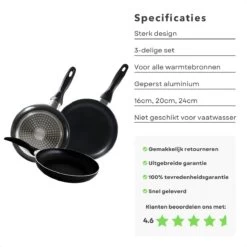 Cheqo® PRO 3-Delige Koekenpannenset - Koekenpan Set - Pannenset - Geperst Aluminium - Geschikt Voor Gas, Elektrisch, Keramisch, Halogeen Koken -Korting Op Keukengerei 1200x1200 568