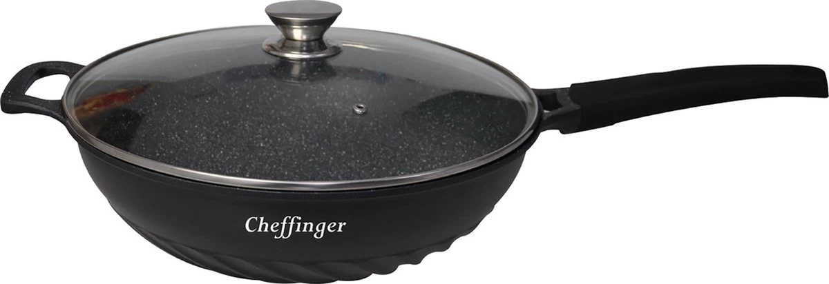 Cheffinger Wokpan Met Deksel - 32cm - Zwart - Pan - Keukenaccessoires 1 Cheffinger Wokpan Met Deksel - 32cm - Zwart - Pan - Keukenaccessoires