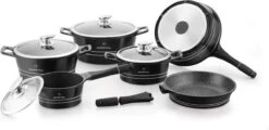 Herenthal Luxe Pannenset - 14-delig - Glazen Deksel - Inductie - Marmeren Coating - PFAS-vrij - Zwart - ES1014M