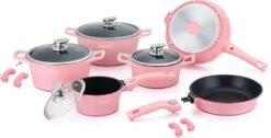 Royalty Line - Set Lot 14-delige Pannenset Inductie - Glazen Deksel - Met Afneembare Handgreep - Marmeren Interieur -PFAS-vrij - Roze Kleur