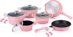 Royalty Line Inductie Pannenset - Luxe 14-delige Pannenset Marmeren Coating - Pannen Met Afneembare Handvaten - Oven-Ready - PFAS-Vrij - Voor Alle Warmtebronnen - Afneembare Koudgrepen - Antiaanbaklaag - Koekenpan Met Glazen Deksels - Roze