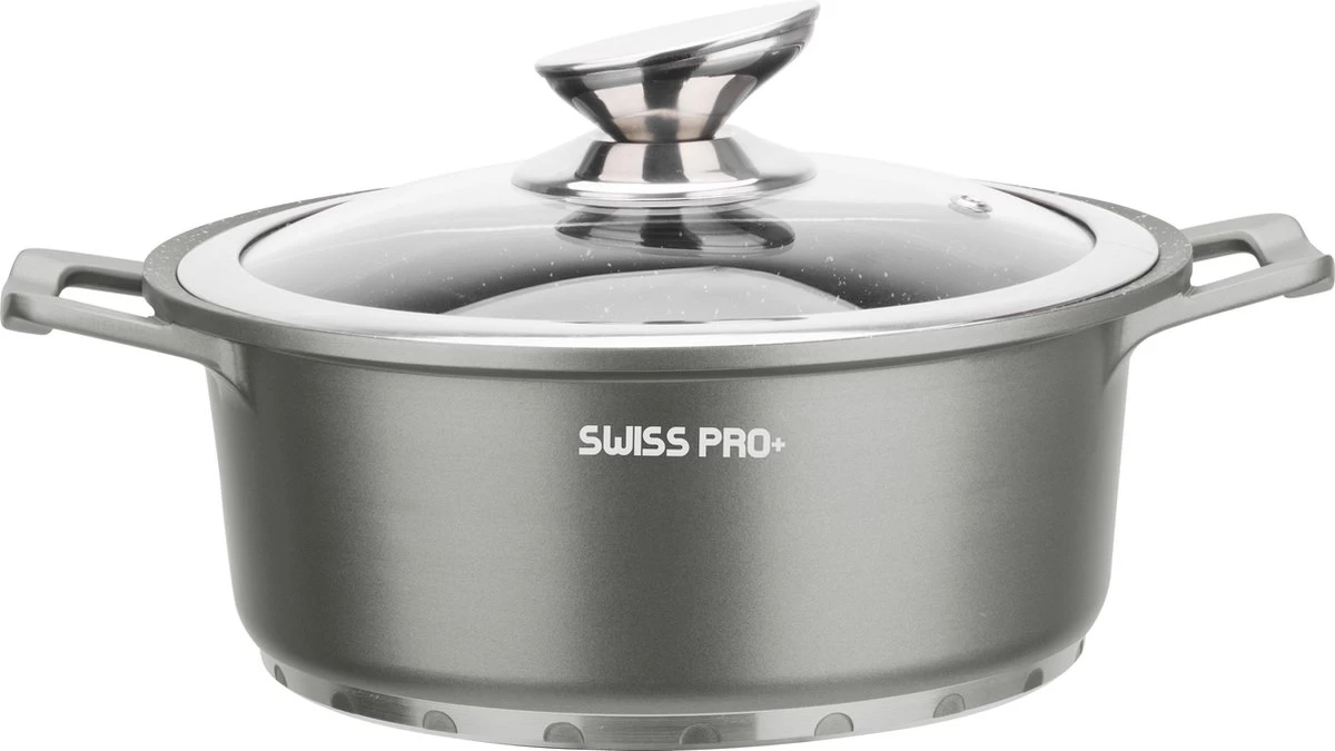 Swiss Pro+ | Set 14 Delige Pannenset | Inductie - Pannensets - Glazen Deksel - Met Afneembare Handgreep - Marmeren Interieur -PFAS-vrij | Grey / Silver 8 Swiss Pro+ | Set 14 Delige Pannenset | Inductie - Pannensets - Glazen Deksel - Met Afneembare Handgreep - Marmeren Interieur -PFAS-vrij | Grey / Silver - Afbeelding 8
