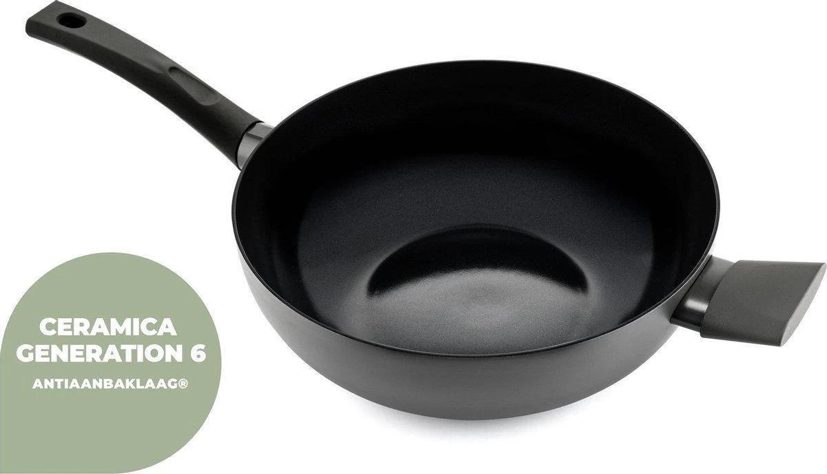 ISENVI Avon Keramische Wok Met Deksel 36 CM - Ergo Greep 2 ISENVI Avon Keramische Wok Met Deksel 36 CM - Ergo Greep - Afbeelding 2