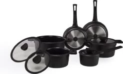 The White Series - Keramische Pannenset Met Glazen Deksels - Inclusief Set Vershoudbakjes - Zwart