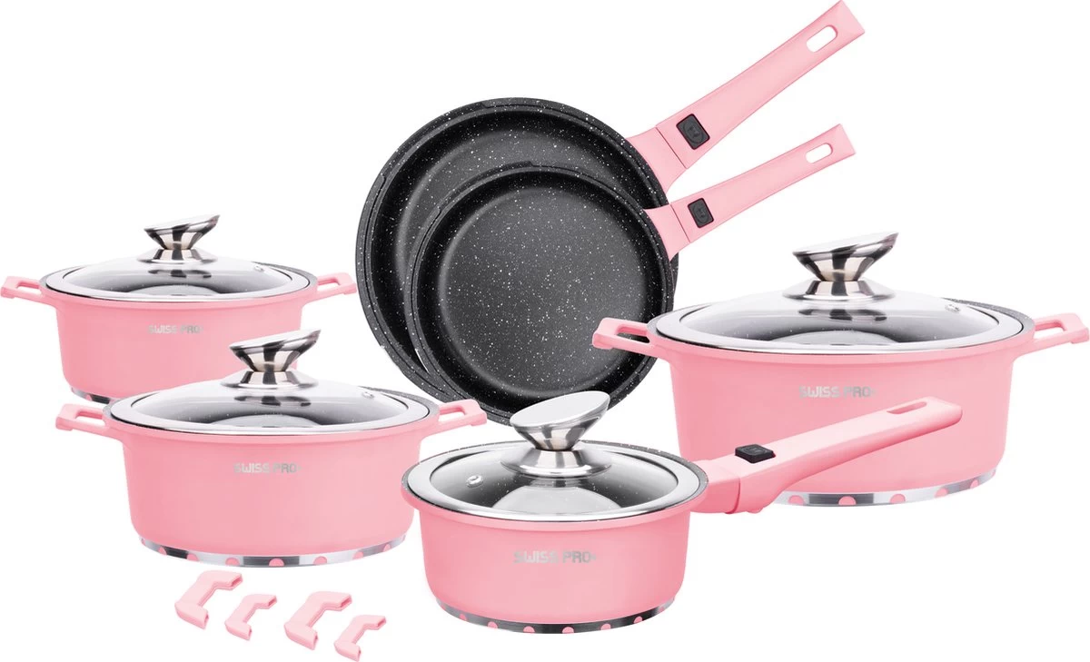Swiss Pro+ | Set 14 Delige Pannenset | Inductie - Pannensets - Glazen Deksel - Met Afneembare Handgreep - Marmeren Interieur -PFAS-vrij | Pink 1 Swiss Pro+ | Set 14 Delige Pannenset | Inductie - Pannensets - Glazen Deksel - Met Afneembare Handgreep - Marmeren Interieur -PFAS-vrij | Pink