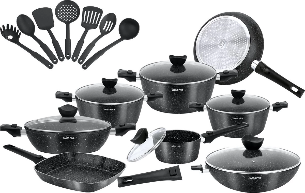 Royal Swiss® - 33-delige Pannenset Inductie - Pannensets - Afneembare Handgreep - Glazen Deksel - Geschikt Voor Oven - PFAS-vrij 1 Royal Swiss® - 33-delige Pannenset Inductie - Pannensets - Afneembare Handgreep - Glazen Deksel - Geschikt Voor Oven - PFAS-vrij