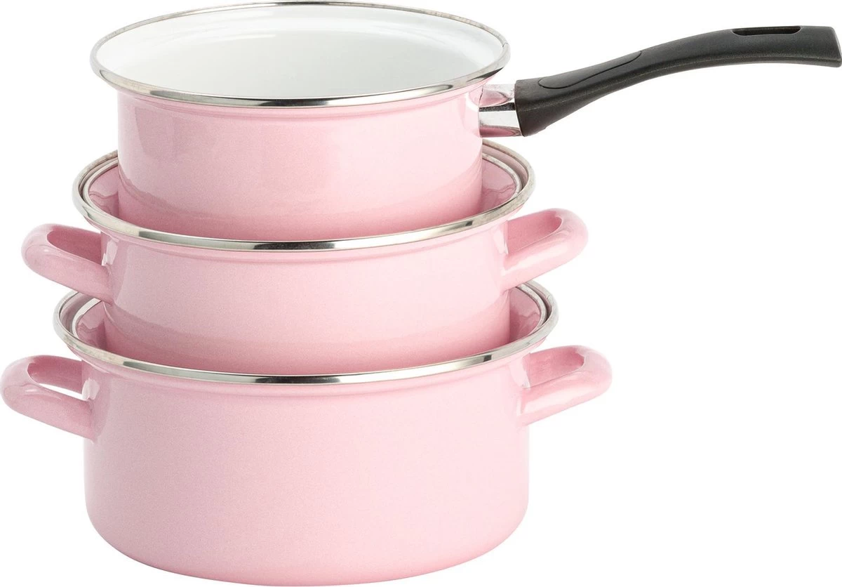Lite-Body Pannenset - 3-delig - 2 Kookpannen & 1 Steelpan - Emaille - Serafijn Roze 4 Lite-Body Pannenset - 3-delig - 2 Kookpannen & 1 Steelpan - Emaille - Serafijn Roze - Afbeelding 4