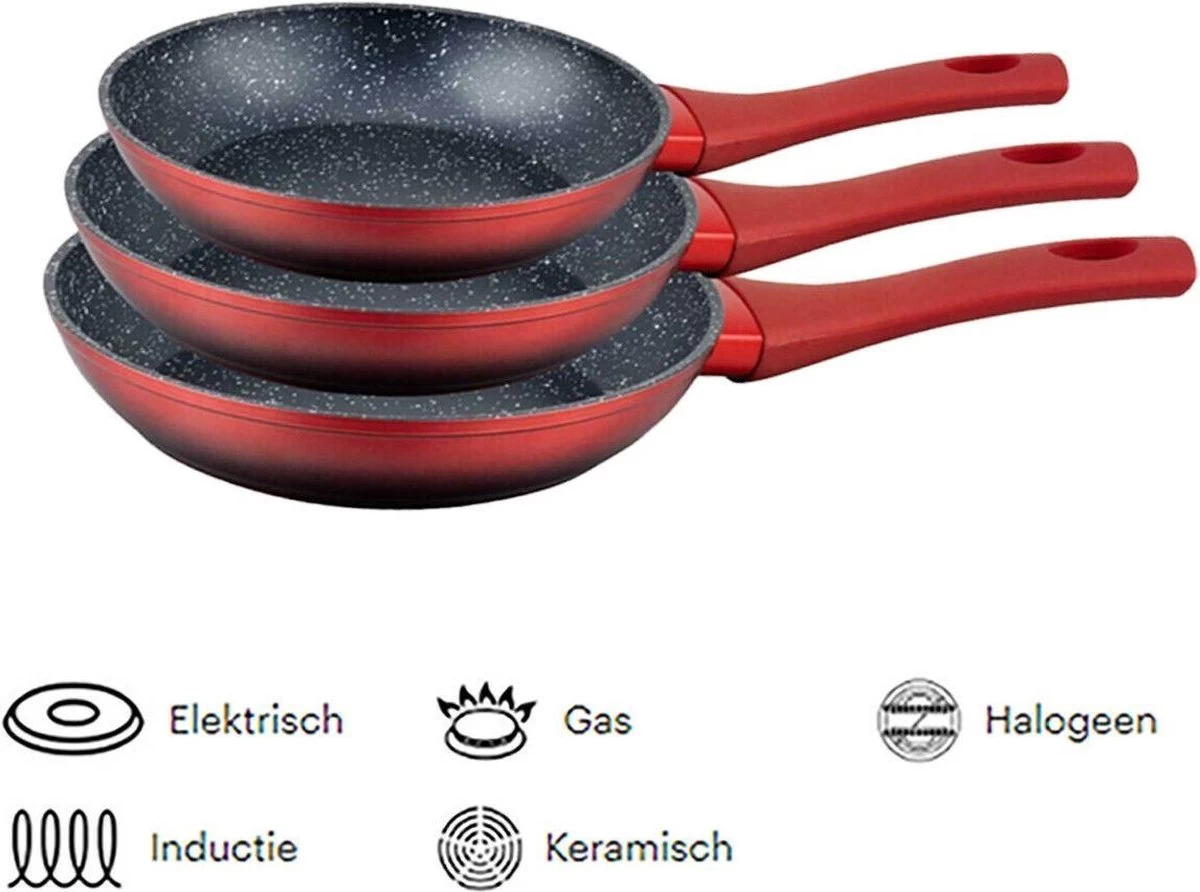 Royal Swiss Koekenpannenset 3-delig (rood) Marmeren Coating 1 Royal Swiss Koekenpannenset 3-delig (rood) Marmeren Coating