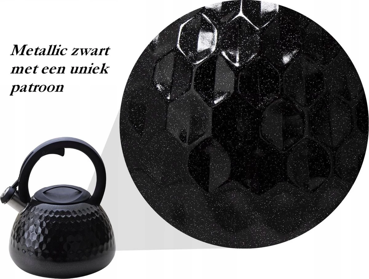 Meyerhoff Fluitketel RVS Metallic Zwart 2.7 Liter - Geschikt Voor Alle Warmtebronnen Ook Inductie - Ruitpatroon - Uniek Design - Koel Blijvend Handvat 2 Meyerhoff Fluitketel RVS Metallic Zwart 2.7 Liter - Geschikt Voor Alle Warmtebronnen Ook Inductie - Ruitpatroon - Uniek Design - Koel Blijvend Handvat - Afbeelding 2