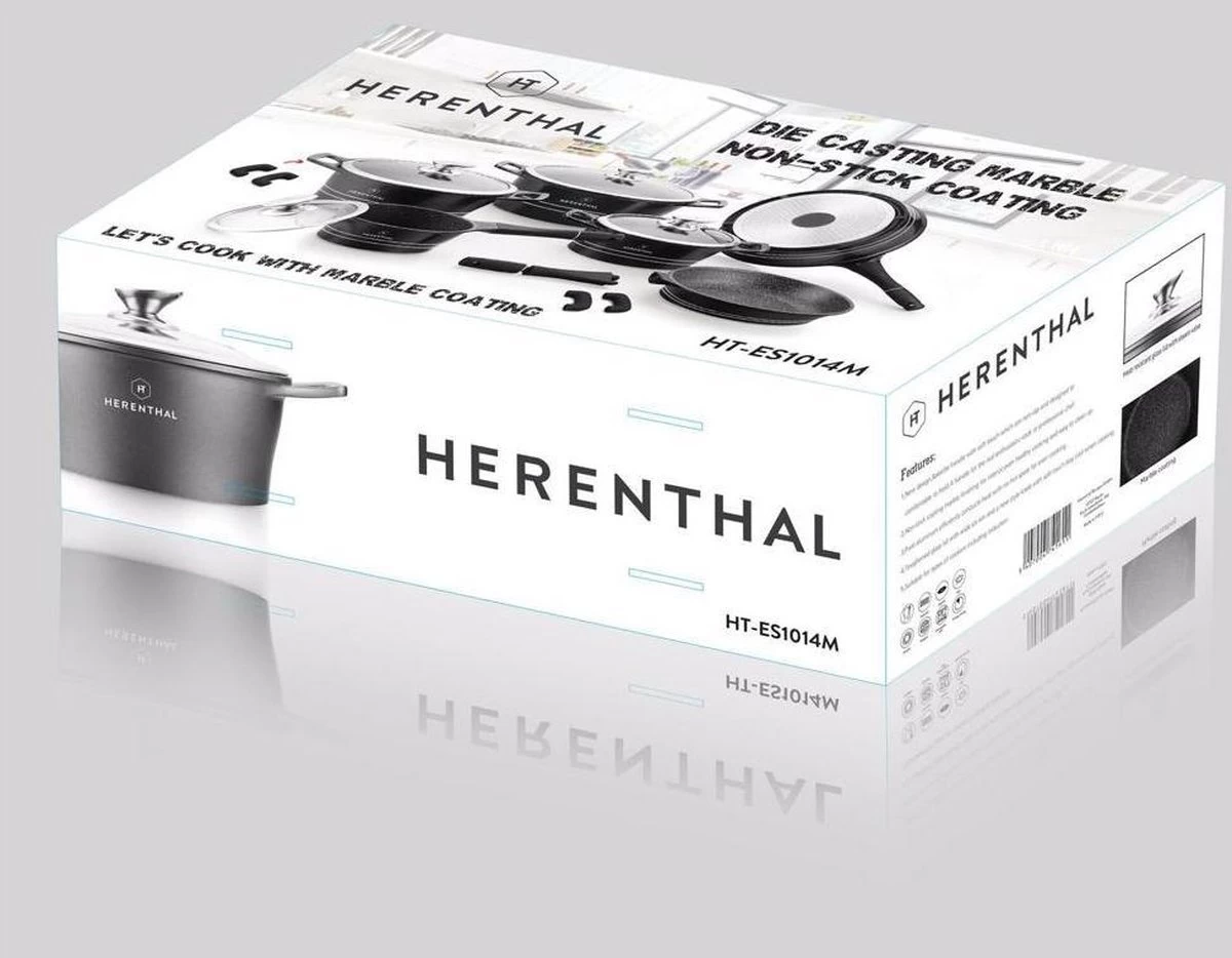 Herenthal Luxe Pannenset - 14-delig - Glazen Deksel - Inductie - Marmeren Coating - PFAS-vrij - Zwart - ES1014M 4 Herenthal Luxe Pannenset - 14-delig - Glazen Deksel - Inductie - Marmeren Coating - PFAS-vrij - Zwart - ES1014M - Afbeelding 4