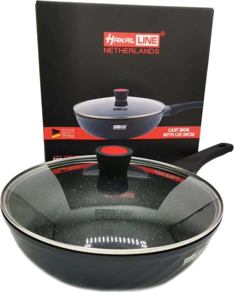 Marble Coating Wokpan Inductie - Met Glazen Deksel - Zwart - 30 Cm 7 Marble Coating Wokpan Inductie - Met Glazen Deksel - Zwart - 30 Cm - Afbeelding 7